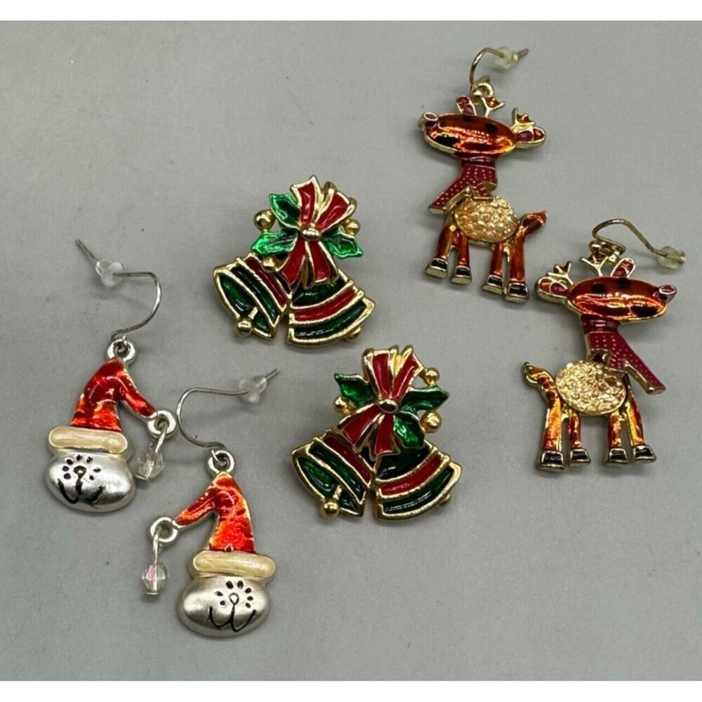 Christmas Earrings Lot Cat Santa Reindeer Bell Pierced Red Green Enamel